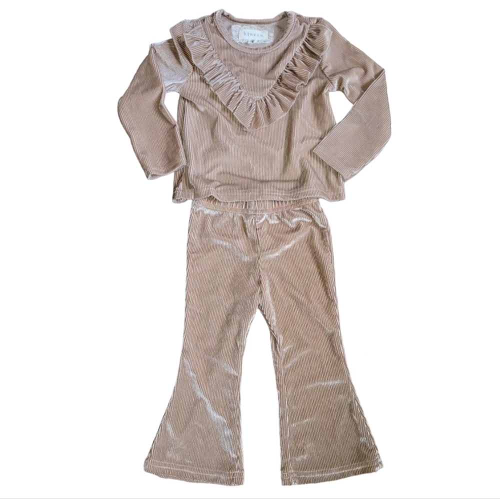 BTWEEN 18m 2PC Matching Tan Velour Corduroy Ruffle Top & Flared Pant Suit Outfit